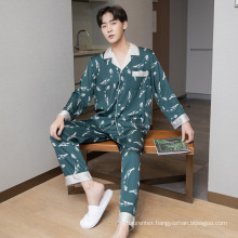 Loose Printed Men Silk Pajamas Set Green Suit